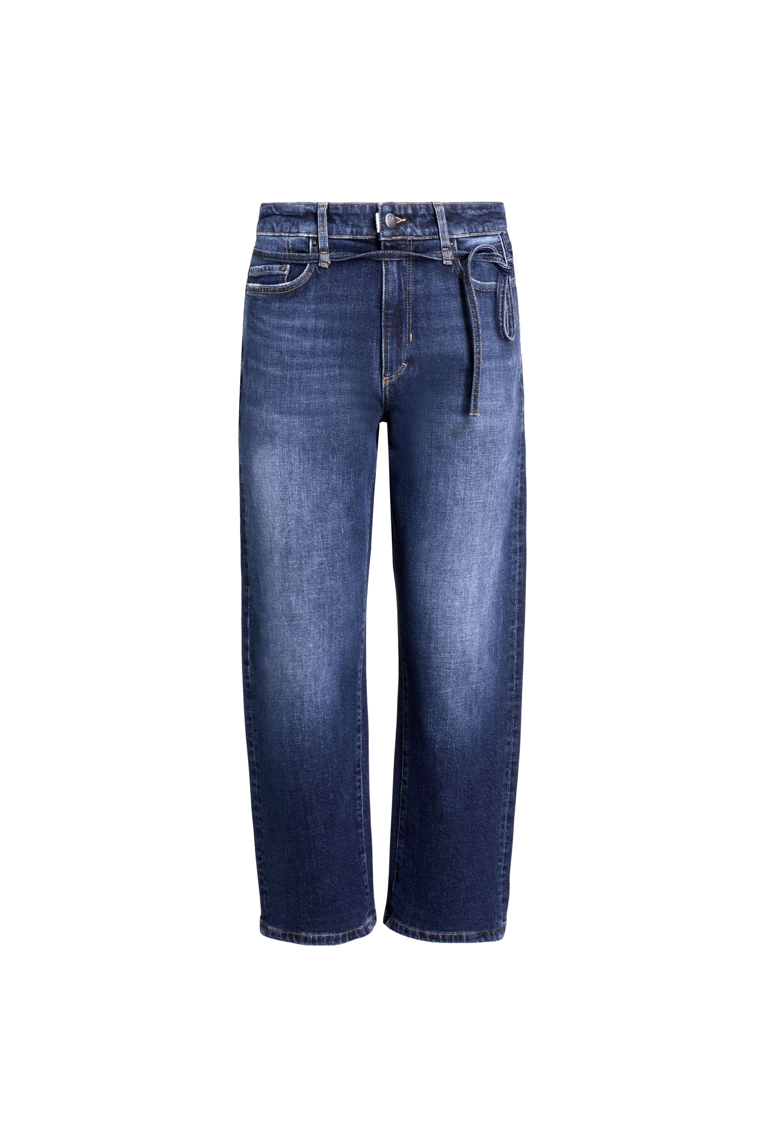 Vorderansicht einer dunkelblauen Jeans mit integriertem Bindegürtel an der Taille.