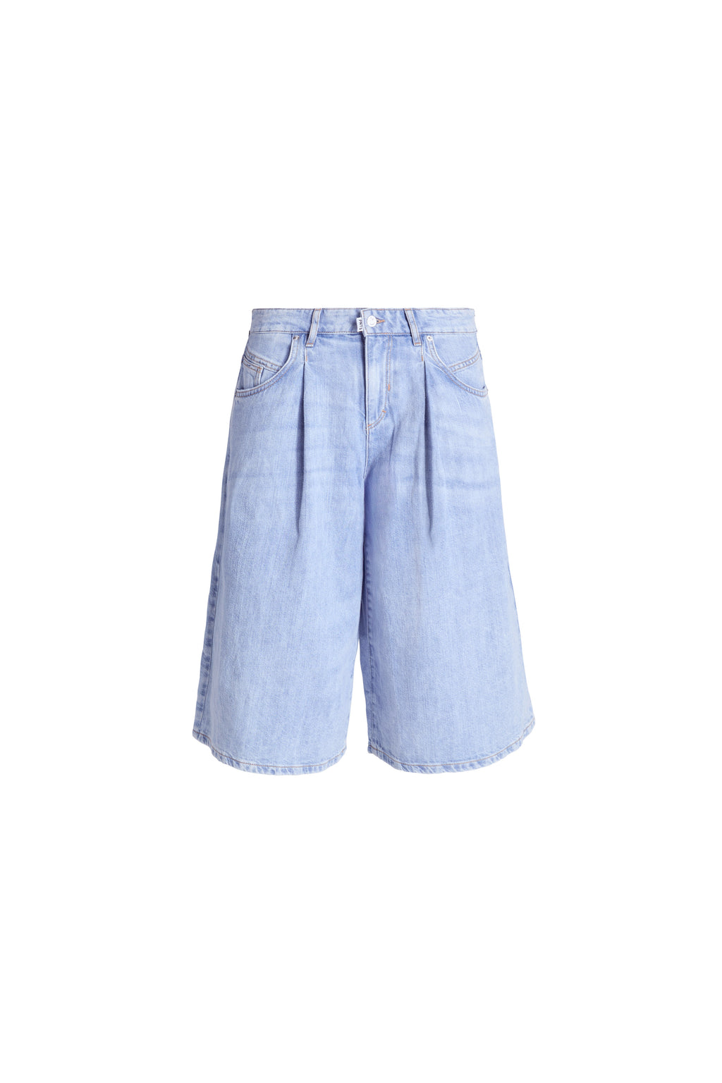Hellblaue Denim-Culotte mit weitem Bein und markanten Bundfalten.