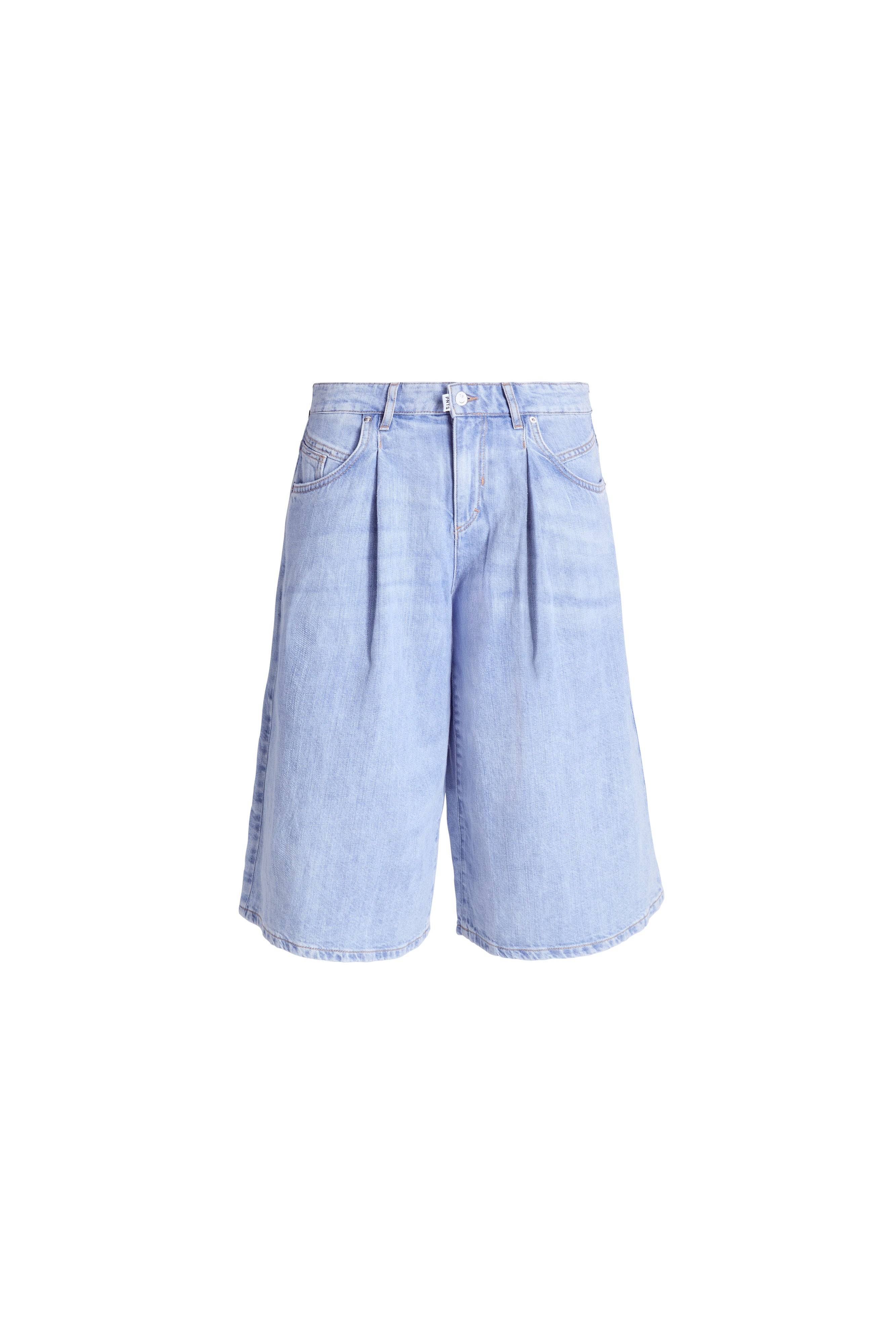Hellblaue Denim-Culotte mit weitem Bein und markanten Bundfalten.