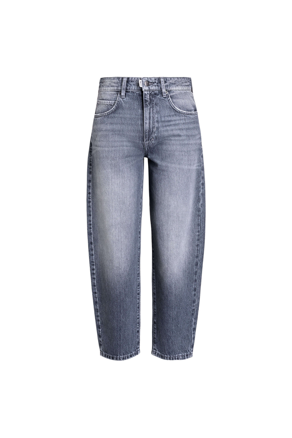Vorderansicht einer weit geschnittenen Jeans in grauer Waschung.