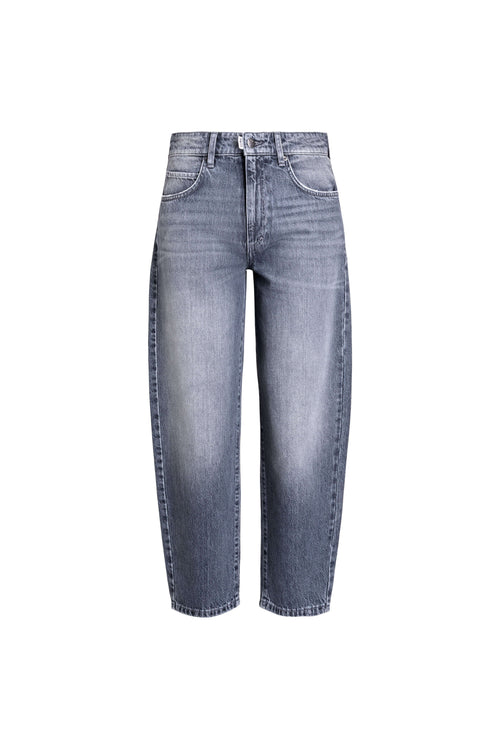 Vorderansicht einer weit geschnittenen Jeans in grauer Waschung.