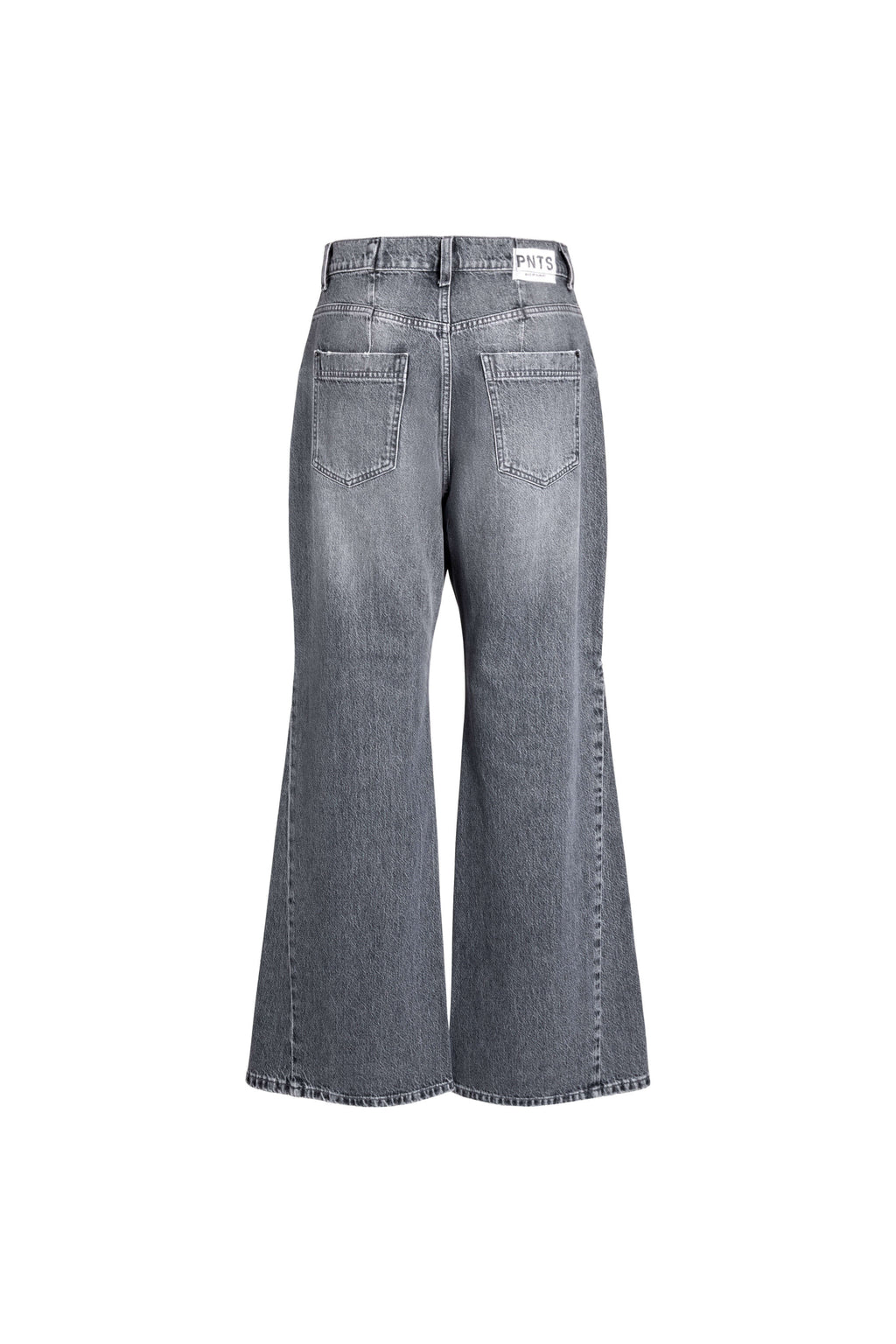 Rückansicht einer grauen Wide-Leg-Jeans mit weißem Label-Patch.
