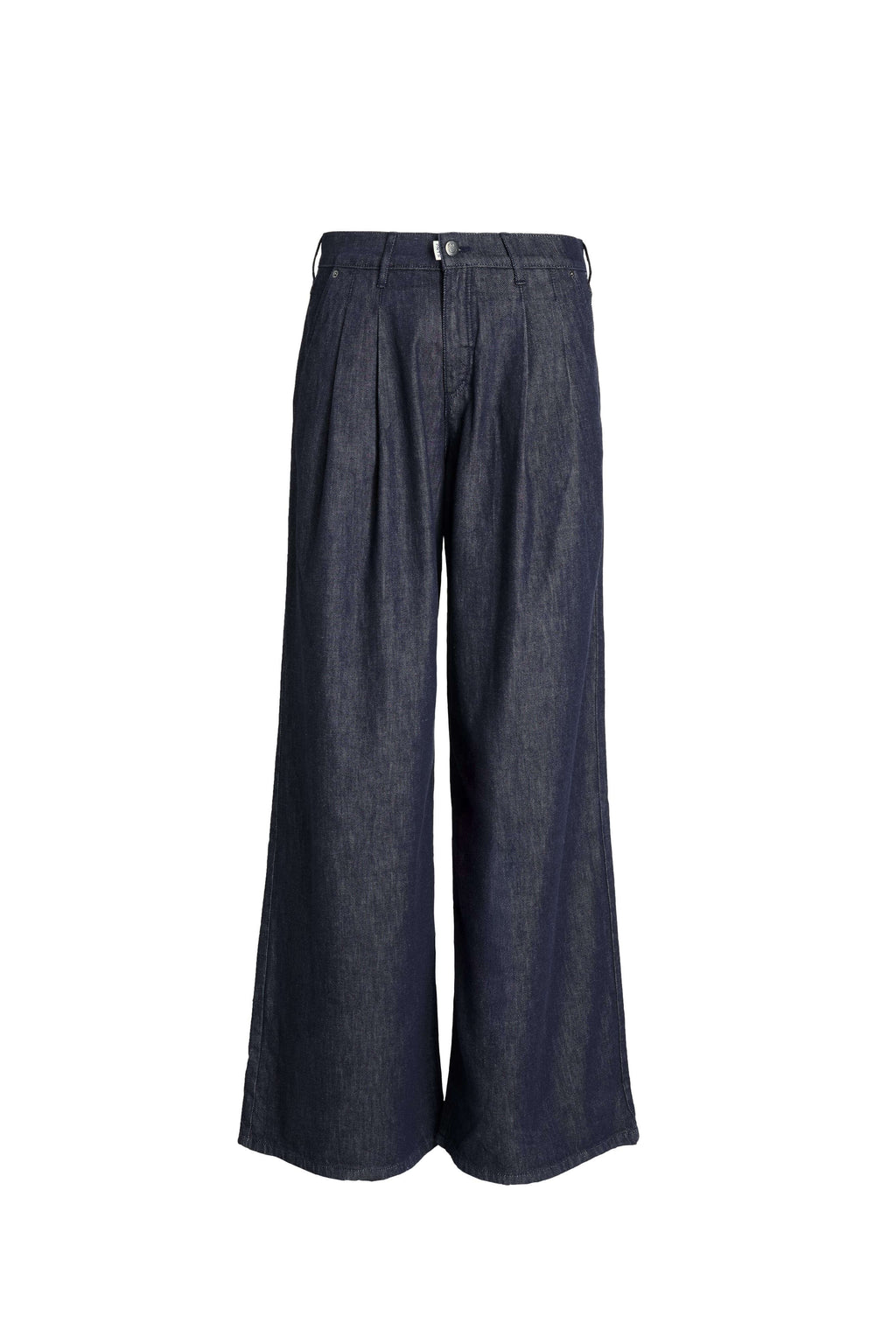 Vorderansicht einer dunkelblauen Wide-Leg-Hose mit Bundfalten.