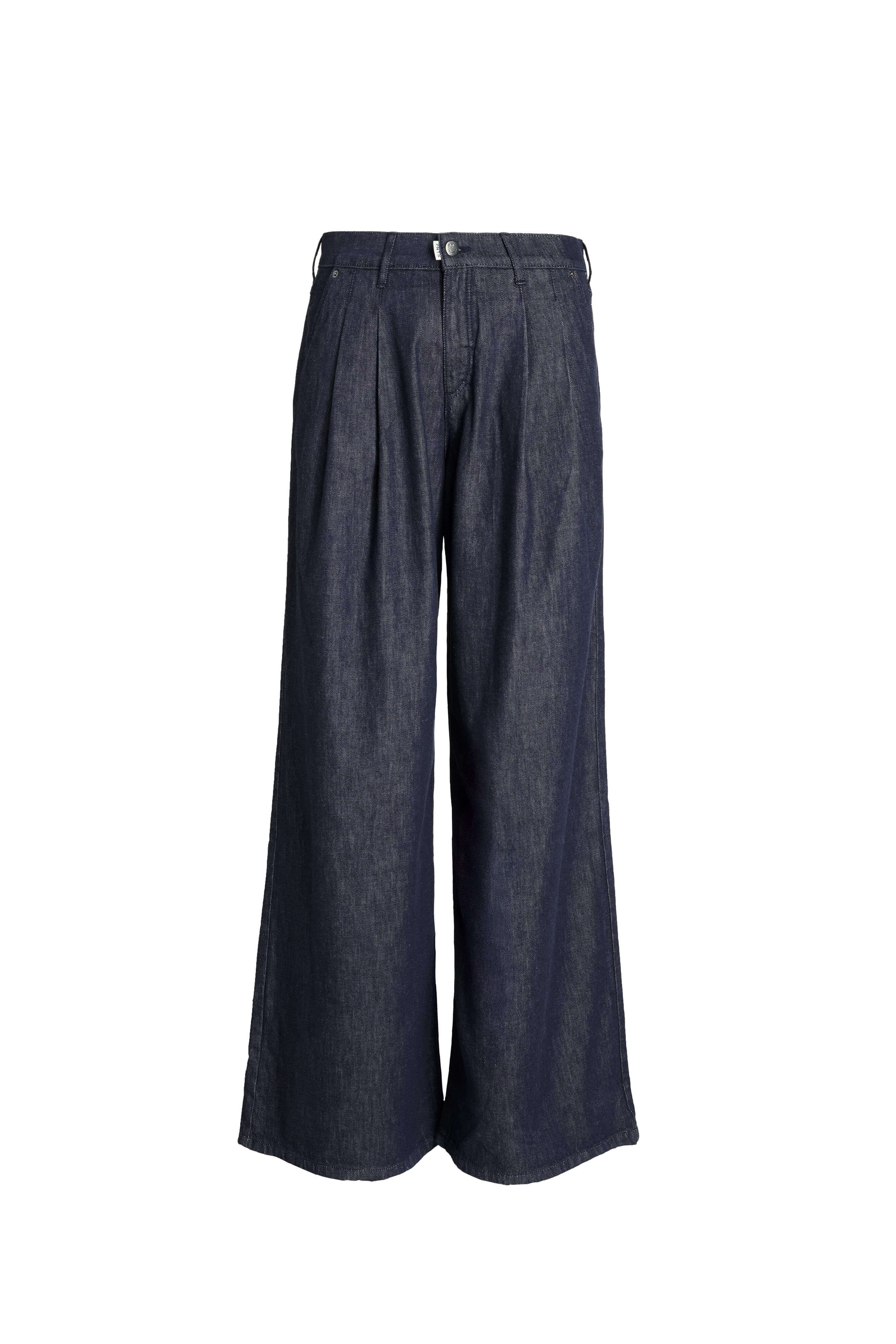 Vorderansicht einer dunkelblauen Wide-Leg-Hose mit Bundfalten.