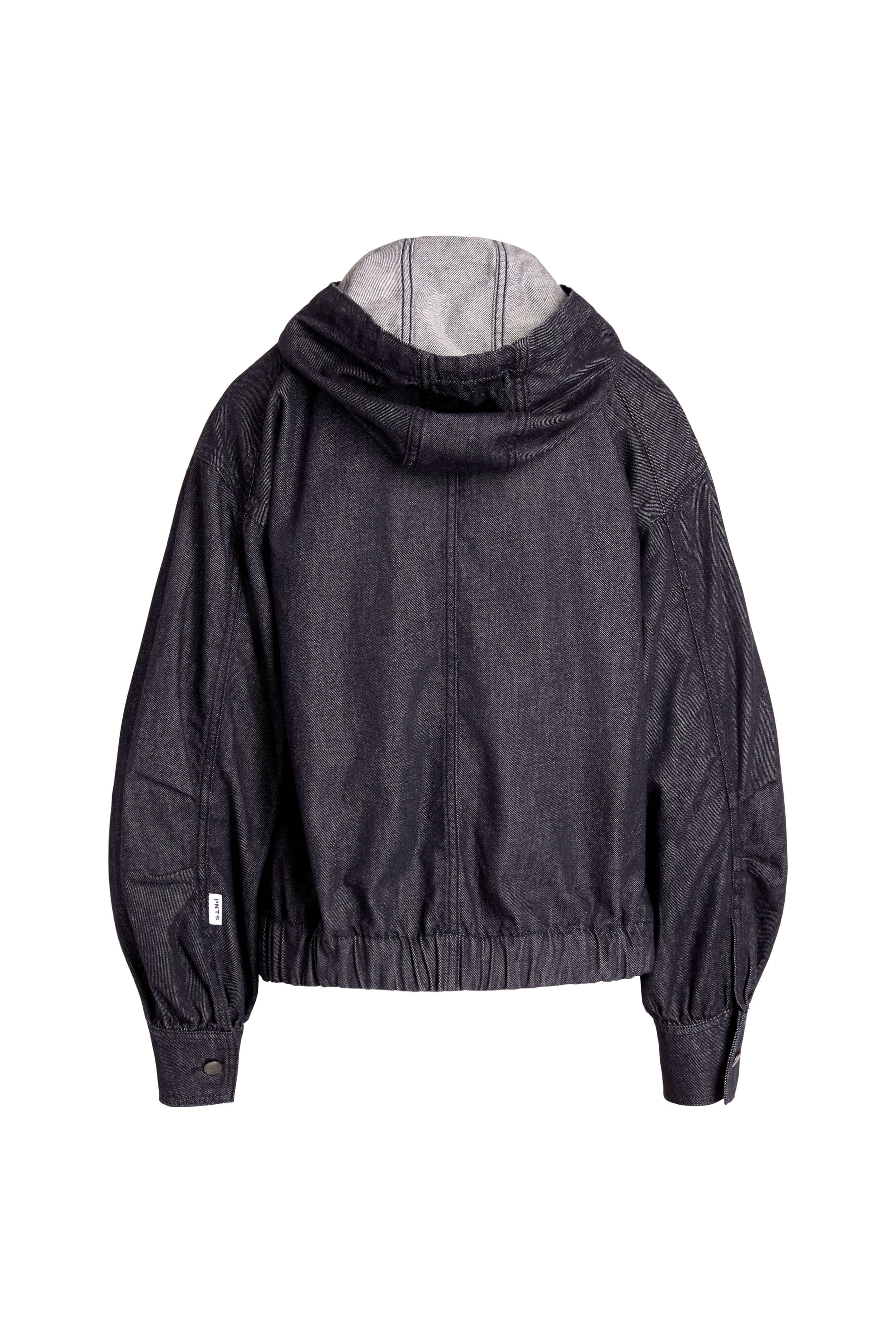 Rückansicht einer dunklen Kapuzenjacke in Denim-Optik mit elastischem Saum.