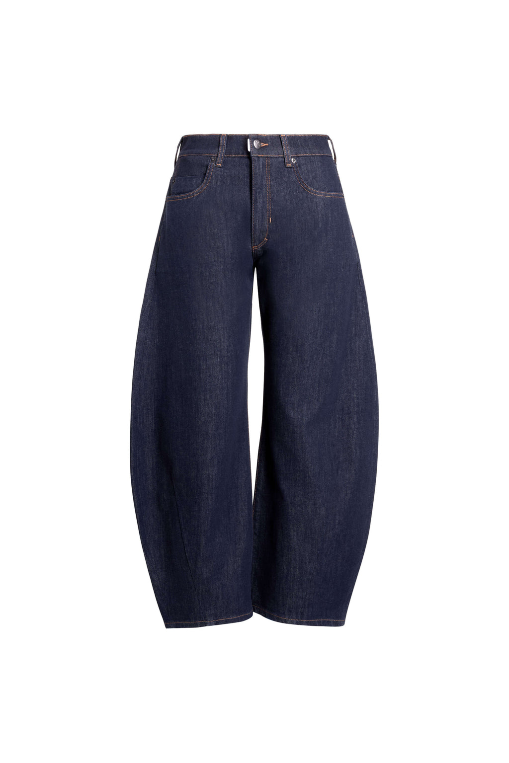 Vorderansicht einer dunkelblauen Barrel-Leg-Jeans mit markanten Frontnähten.