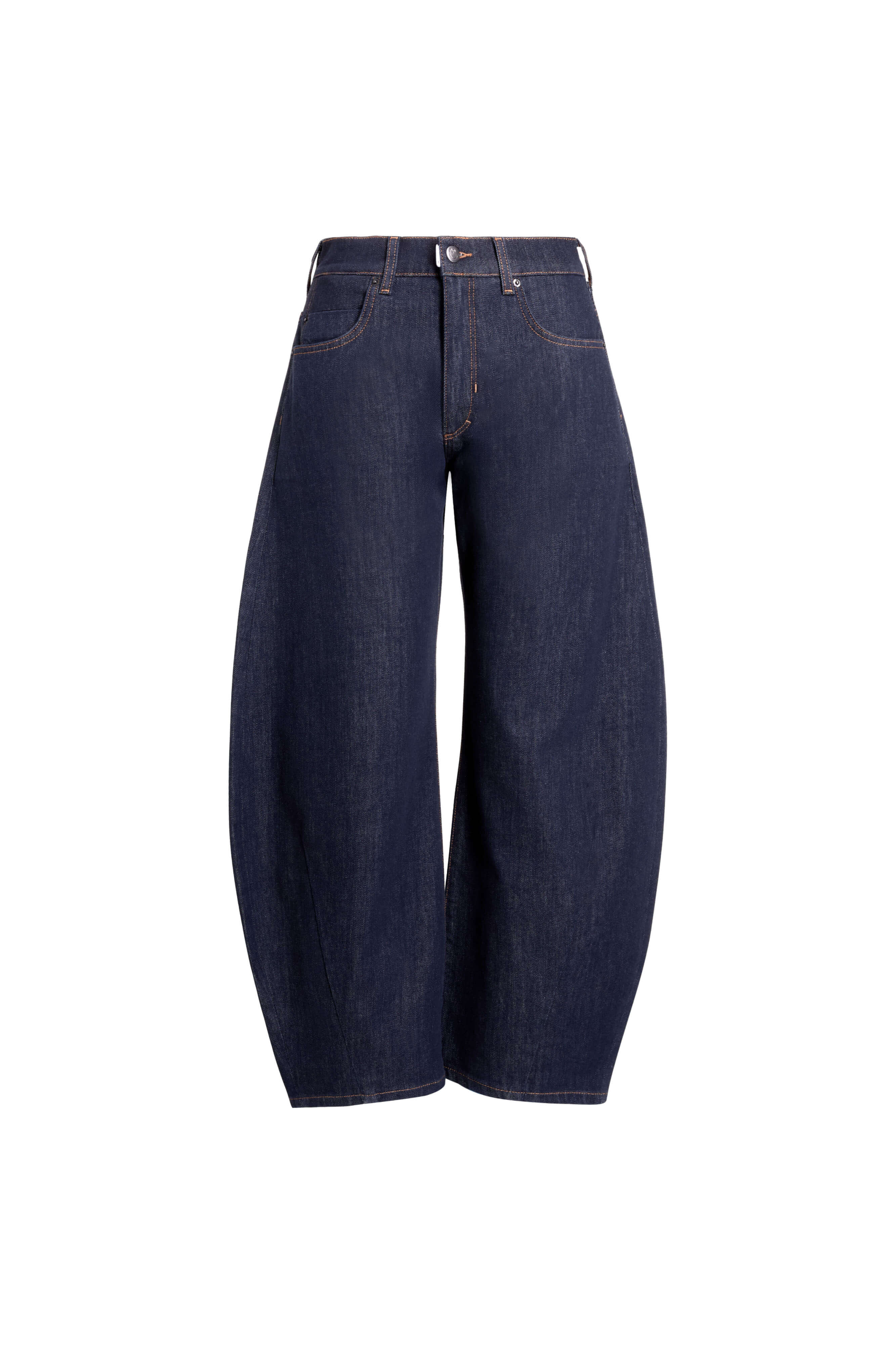 Vorderansicht einer dunkelblauen Barrel-Leg-Jeans mit markanten Frontnähten.