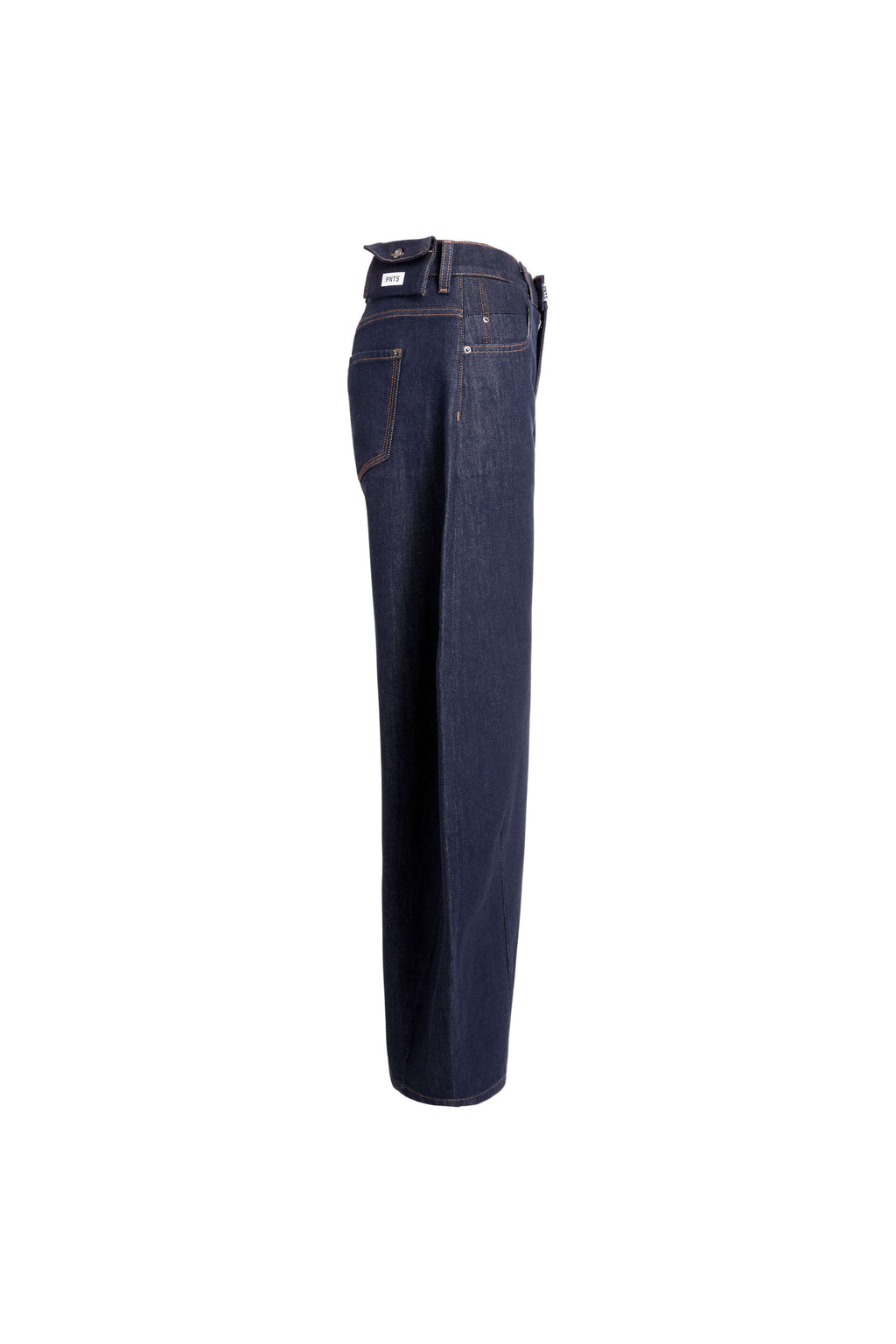 Seitenansicht einer dunkelblauen Barrel-Leg-Jeans mit markantem, bogenförmigem Schnitt.