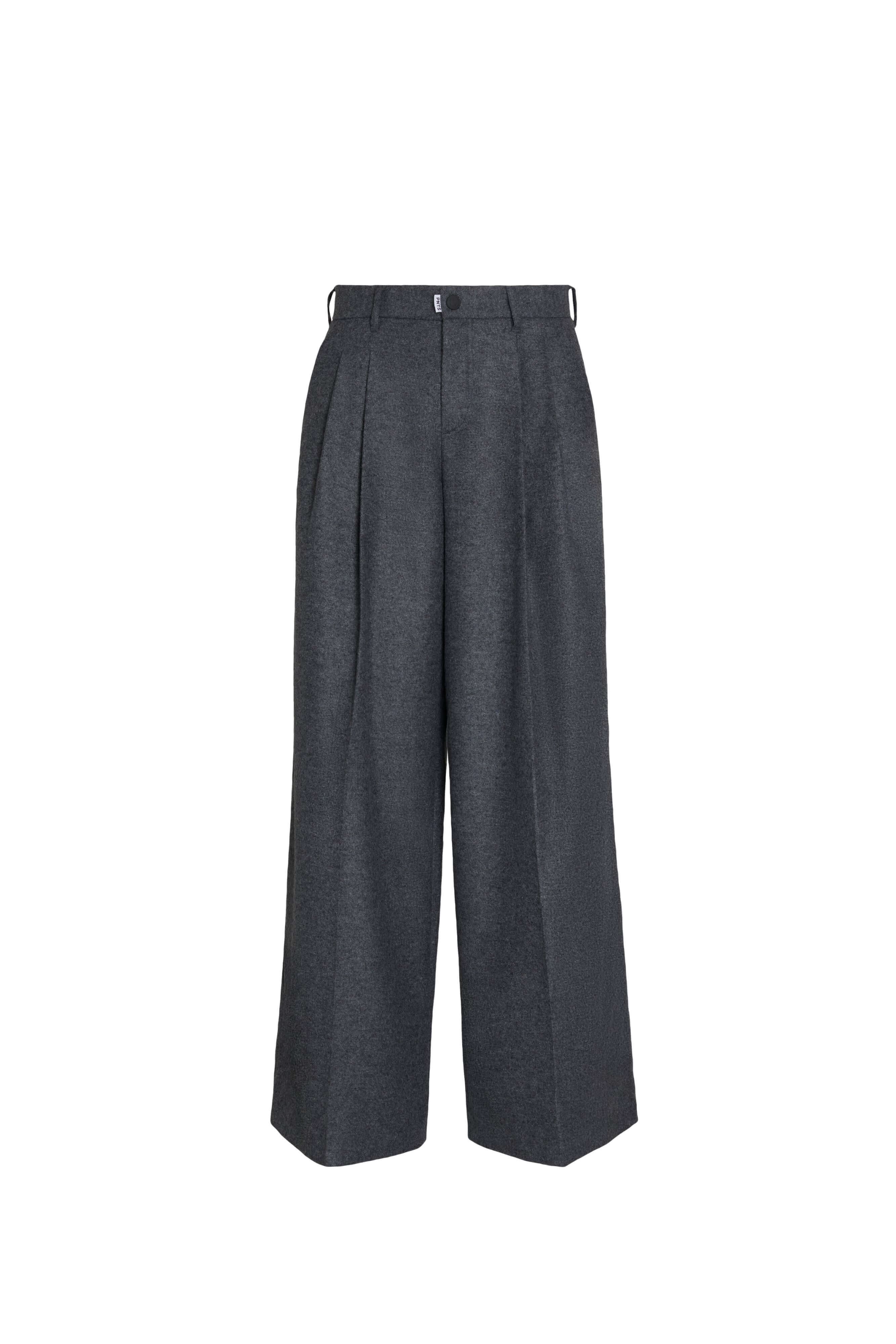 Vorderansicht einer dunkelgrau melierten Hose mit weitem Bein und Bundfalten.