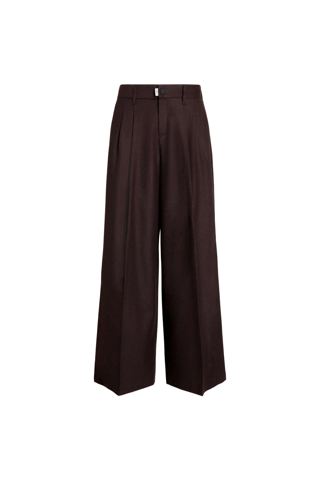 Vorderansicht einer dunkelbraunen Hose mit weitem Bein und Bundfalten.