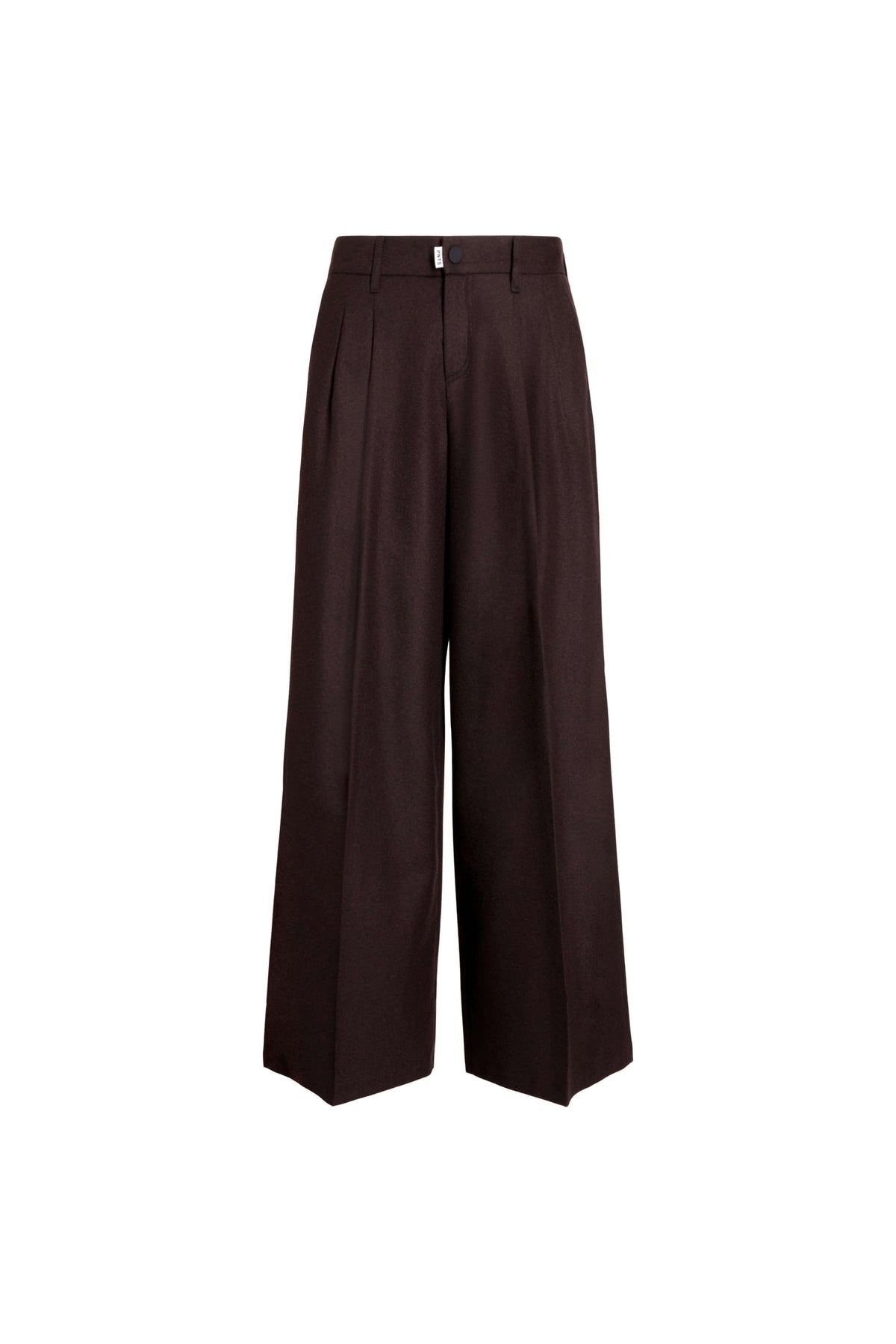 Vorderansicht einer dunkelbraunen Hose mit weitem Bein und Bundfalten.