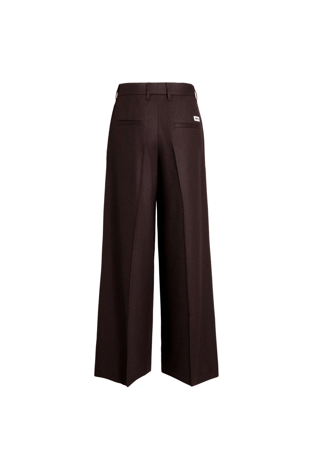 Rückansicht einer dunkelbraunen Hose mit weitem Bein und zwei Paspeltaschen.