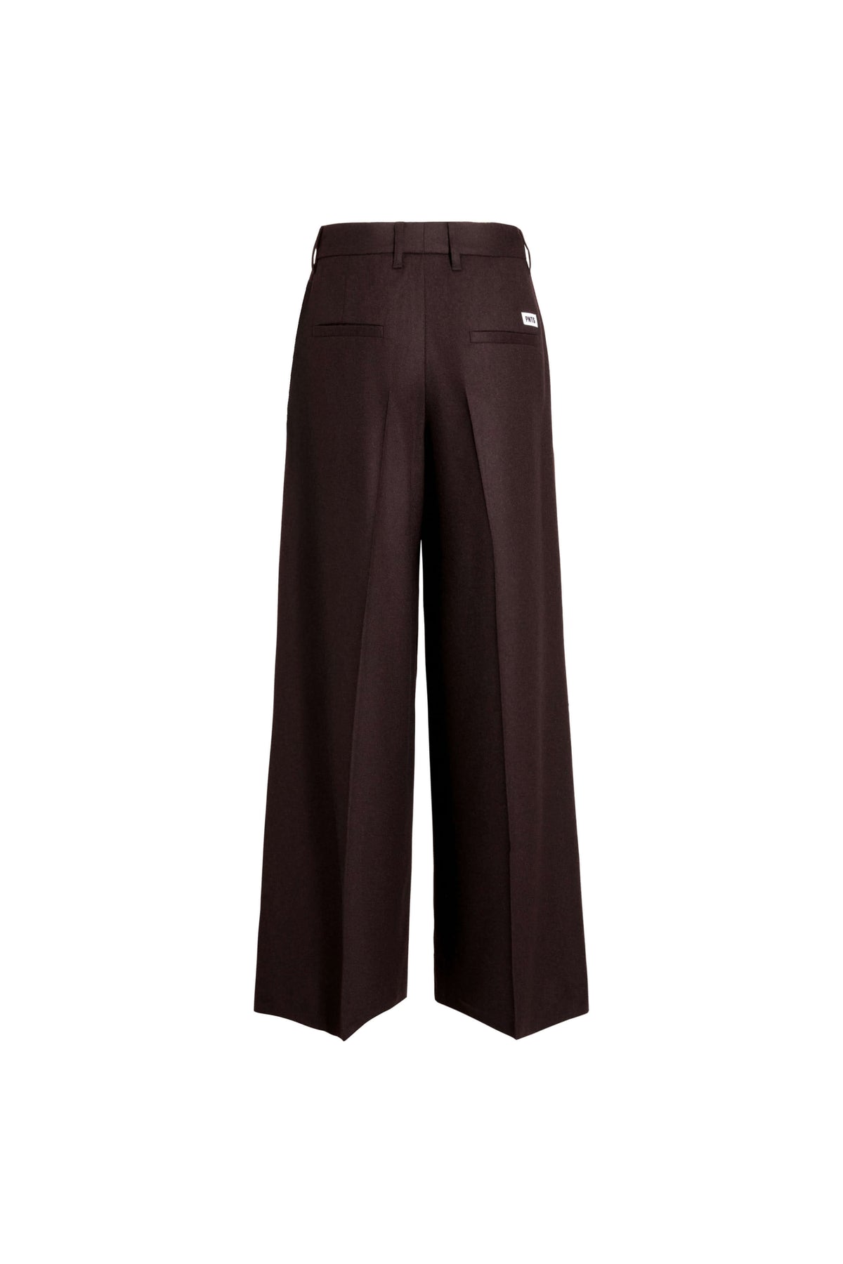 Rückansicht einer dunkelbraunen Hose mit weitem Bein und zwei Paspeltaschen.