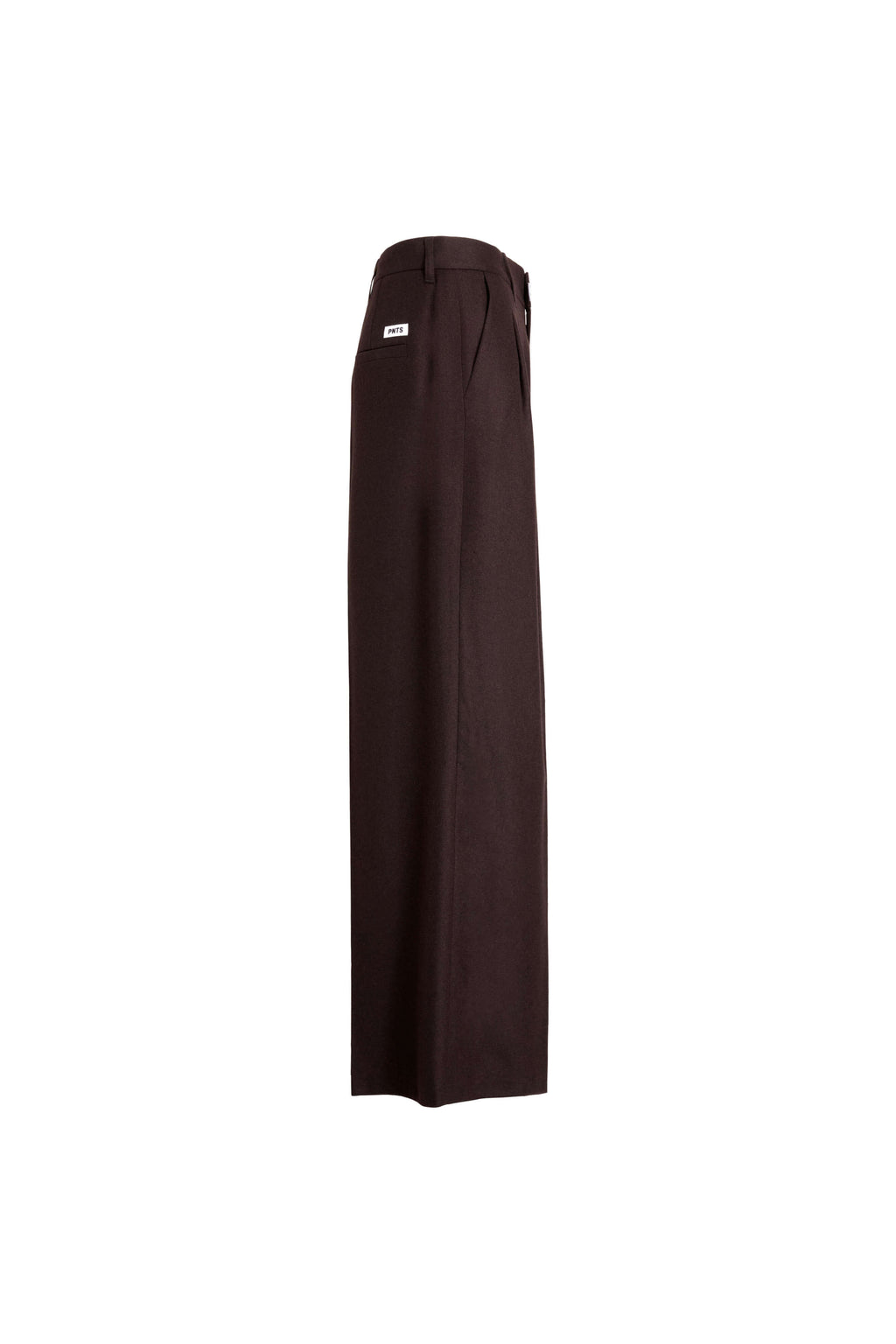 Seitenansicht einer dunkelbraunen Hose mit weitem Bein und seitlicher Eingrifftasche.