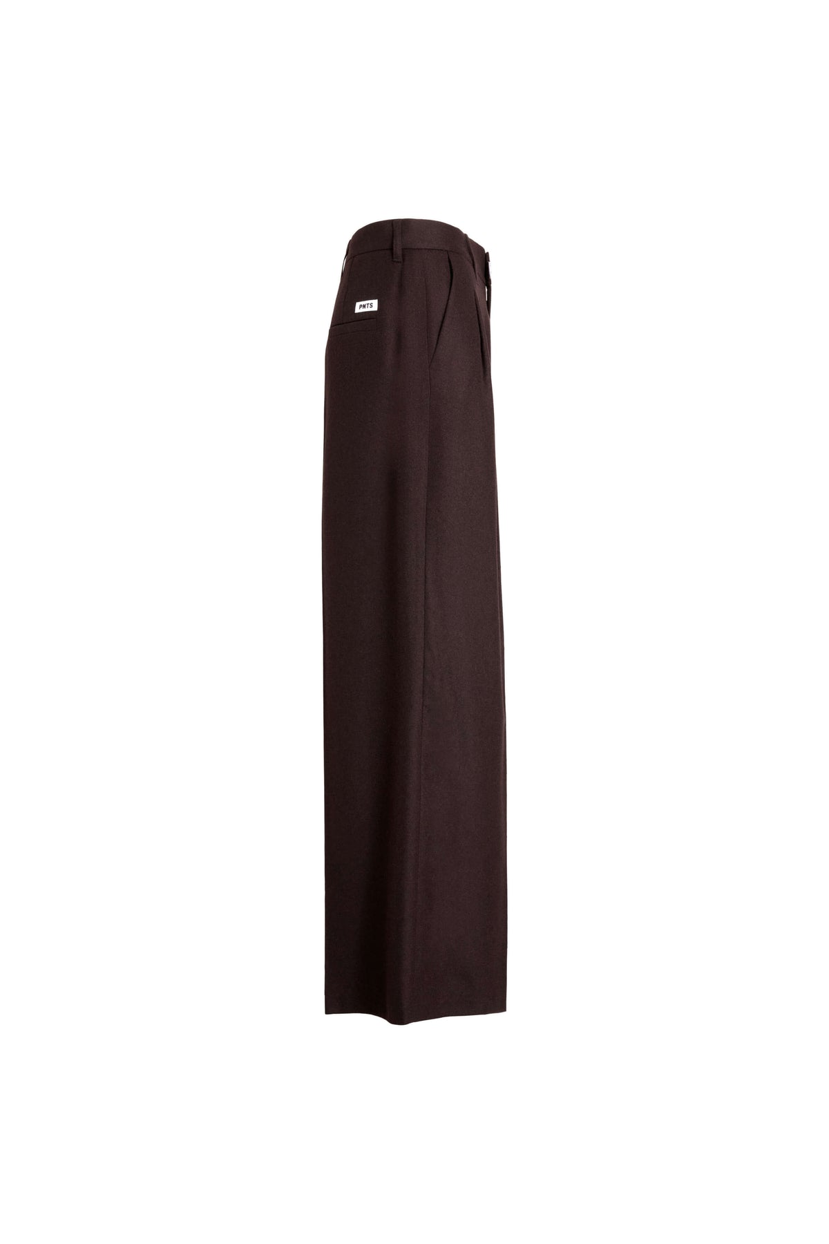 Seitenansicht einer dunkelbraunen Hose mit weitem Bein und seitlicher Eingrifftasche.