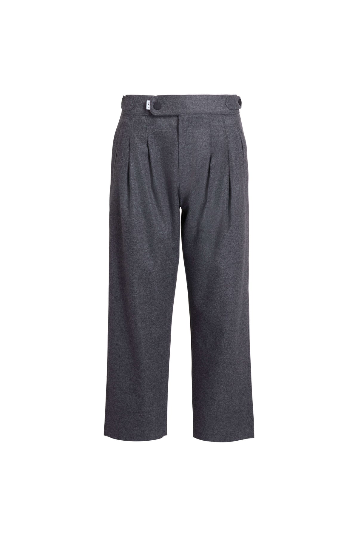 Vorderansicht einer dunkelgrau melierten Hose mit weitem Bein, Bundfalten und seitlichen Knöpfen am Bund.