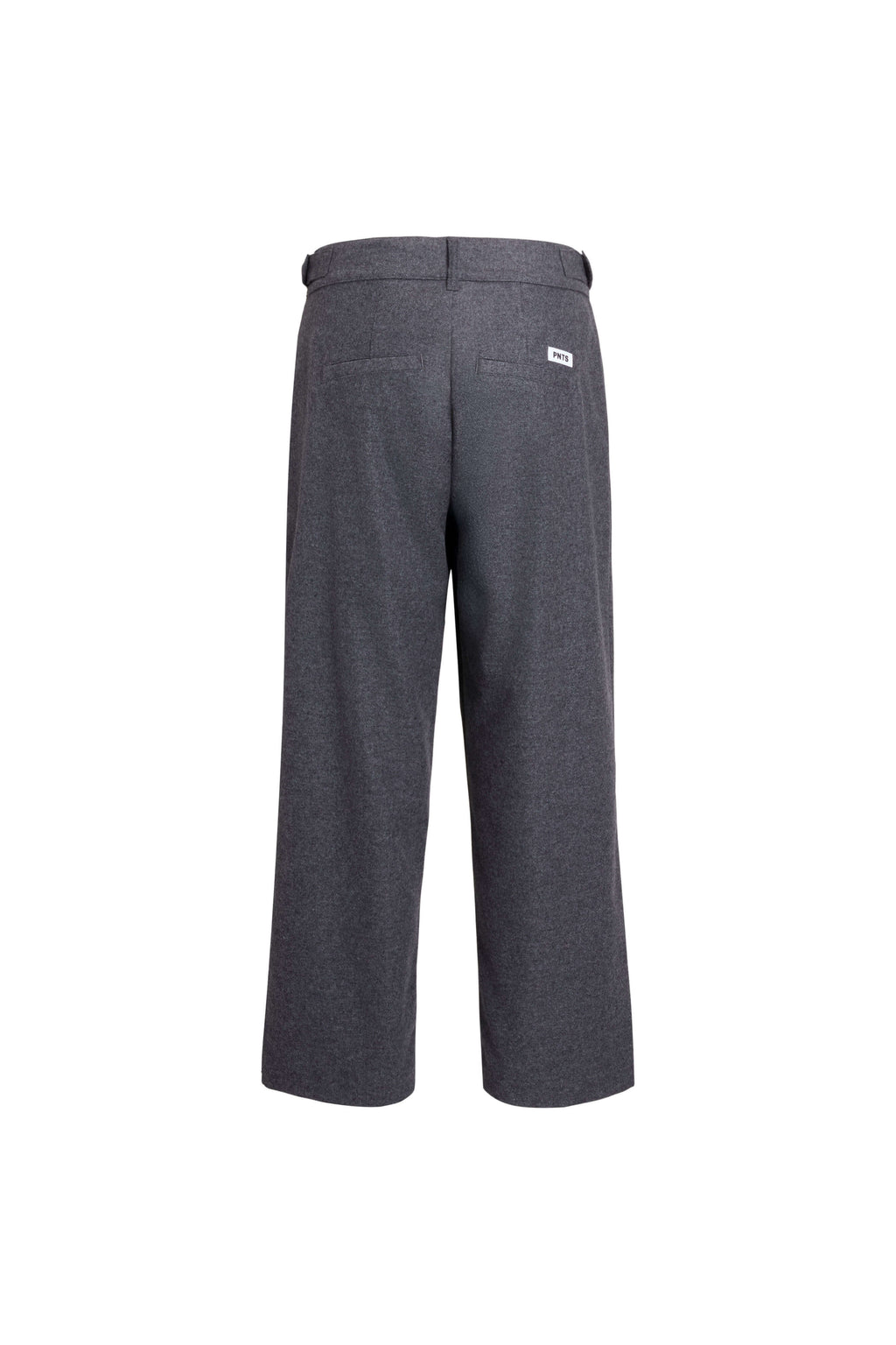 Rückansicht einer dunkelgrau melierten Hose mit weitem Bein und zwei Paspeltaschen.