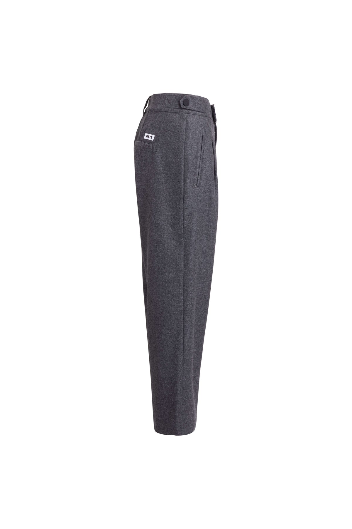 Seitenansicht einer dunkelgrau melierten Hose mit weitem Bein, seitlichem Druckknopf am Bund und Eingrifftasche.