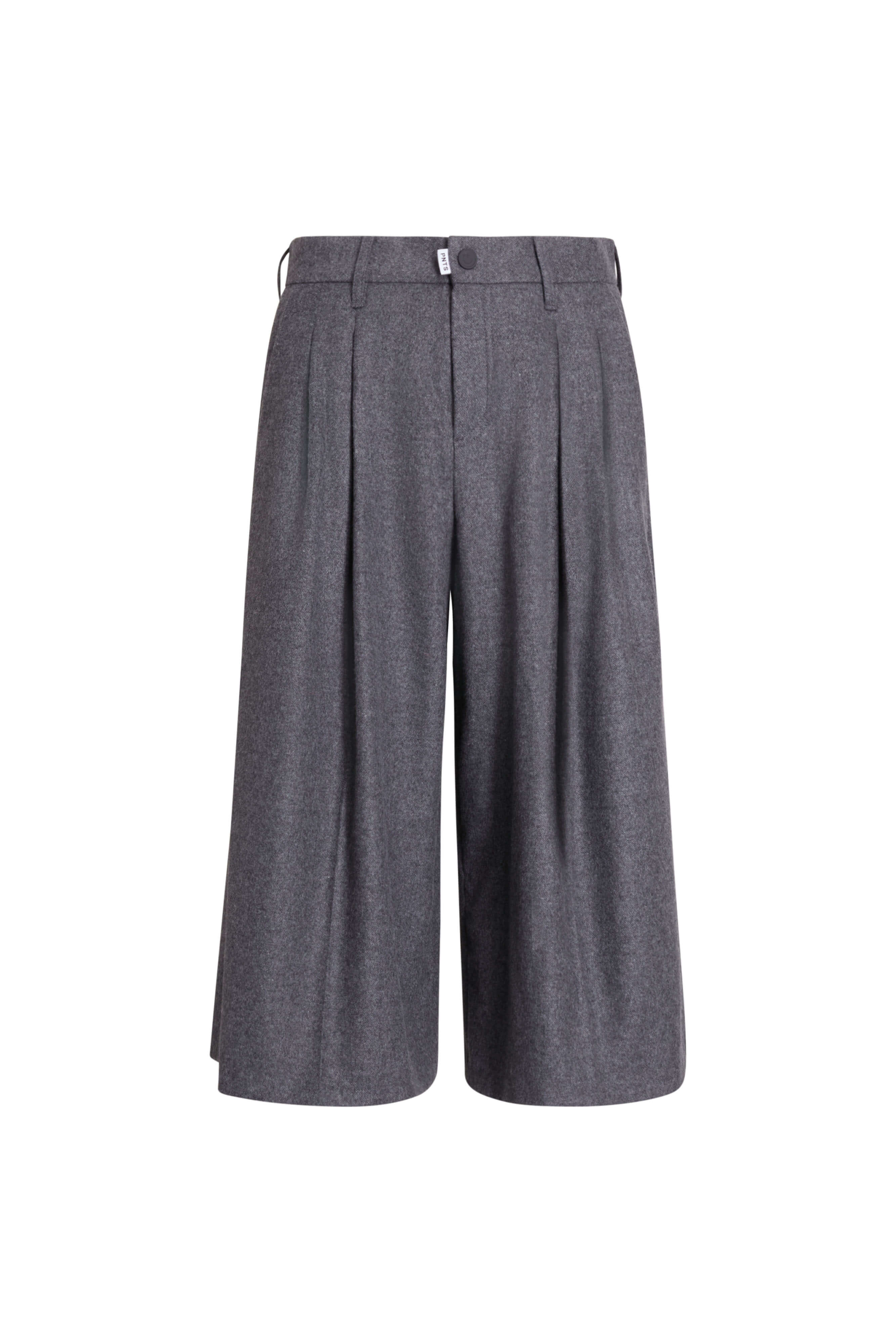 Grau melierte Bundfaltenhose mit weitem Bein in der Vorderansicht.