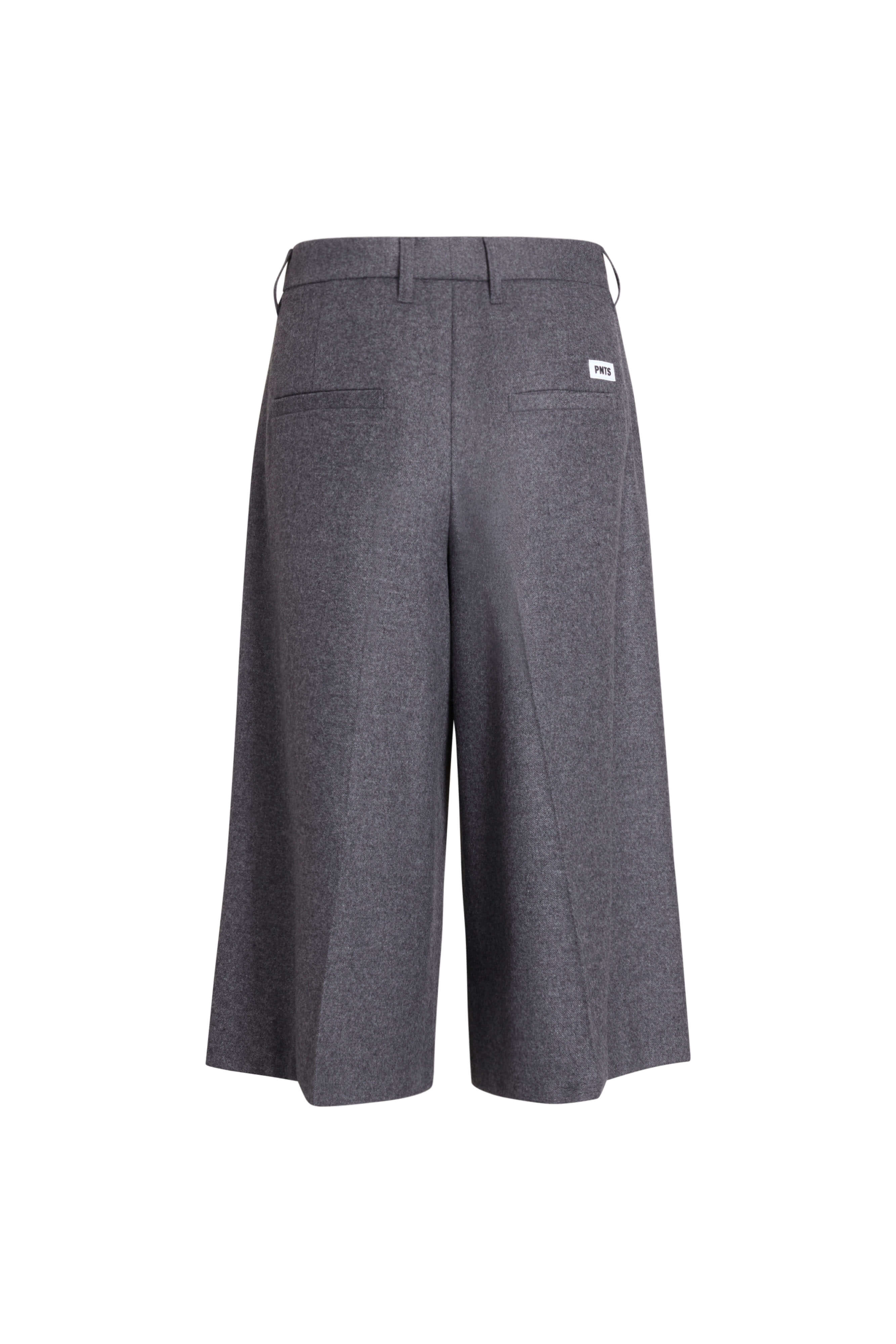 Rückansicht der grau melierten Hose mit weitem Bein und paspelierten Gesäßtaschen.