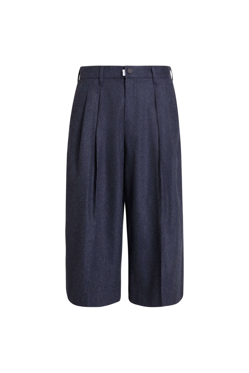 Dunkelblau melierte Bundfaltenhose mit weitem Bein in der Vorderansicht.