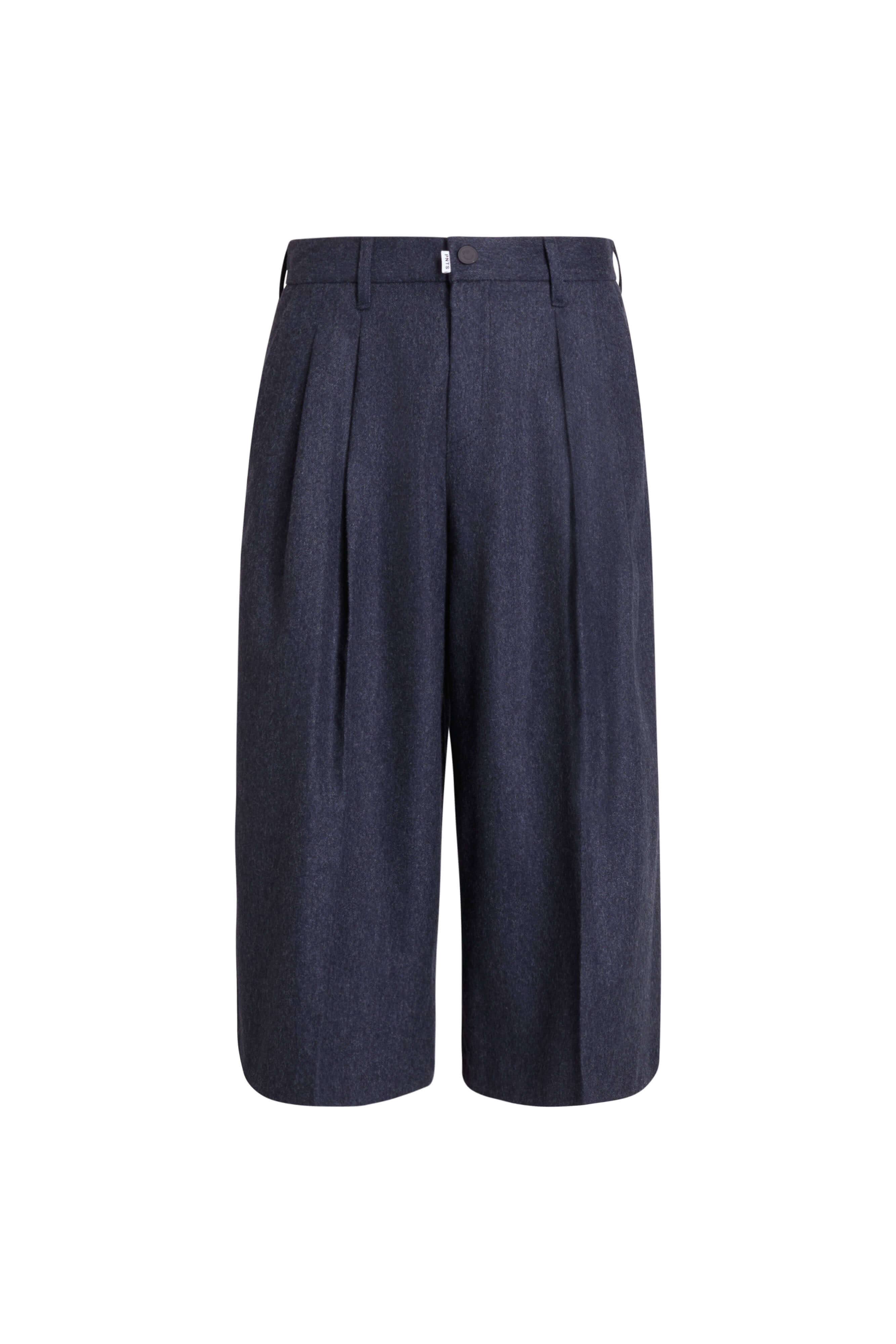 Dunkelblau melierte Bundfaltenhose mit weitem Bein in der Vorderansicht.