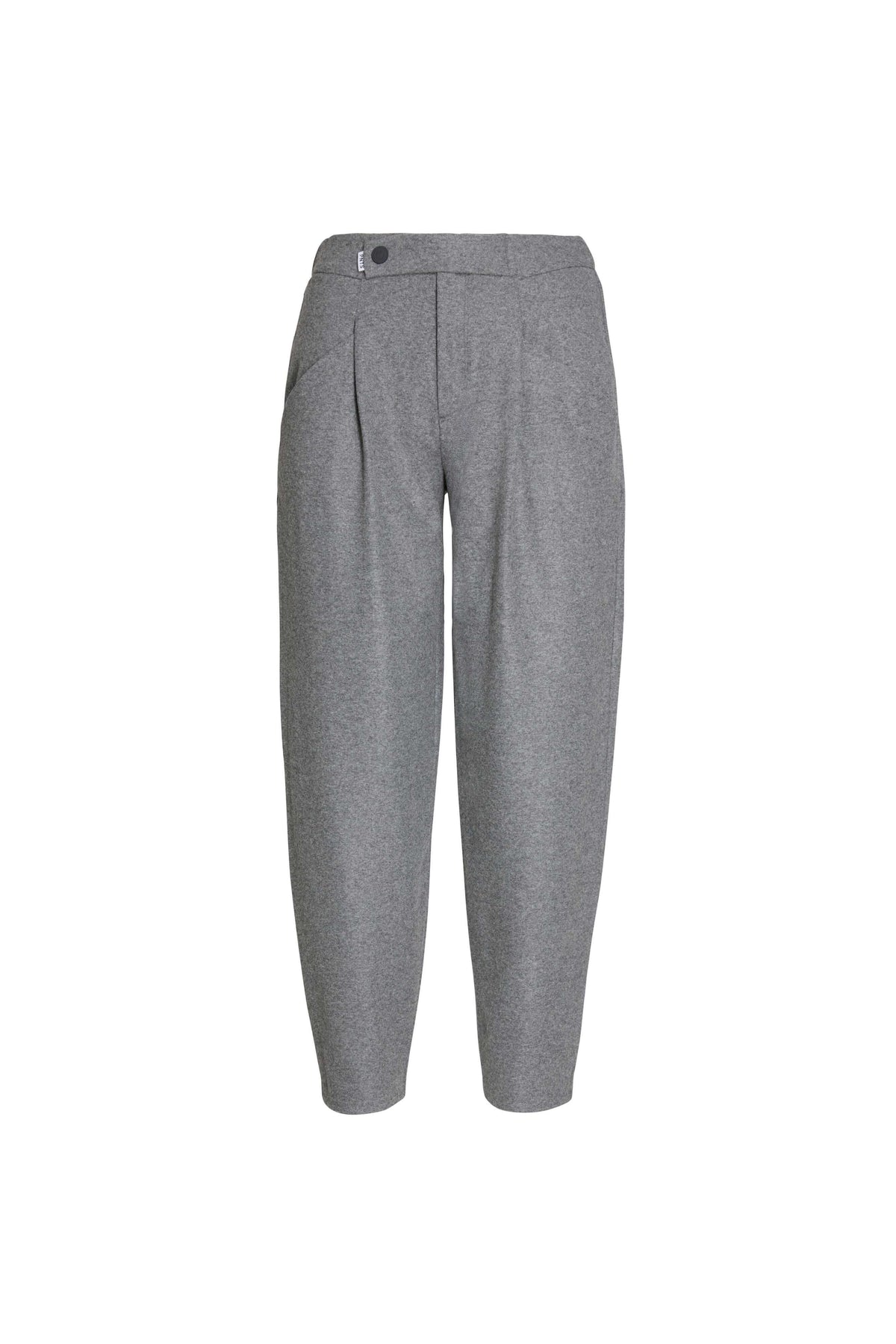 Vorderansicht einer grauen melierten Hose mit Bundfalten.