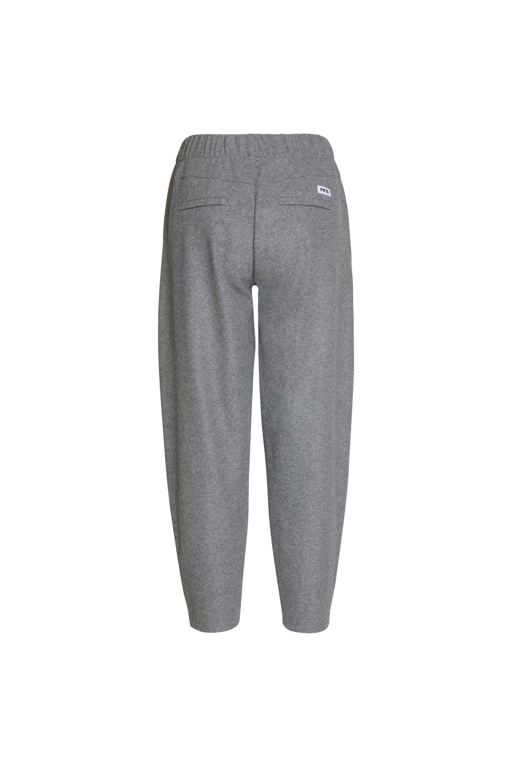 Rückansicht einer grauen melierten Hose mit Paspeltaschen, elastischem Bund und weißem Label-Patch.