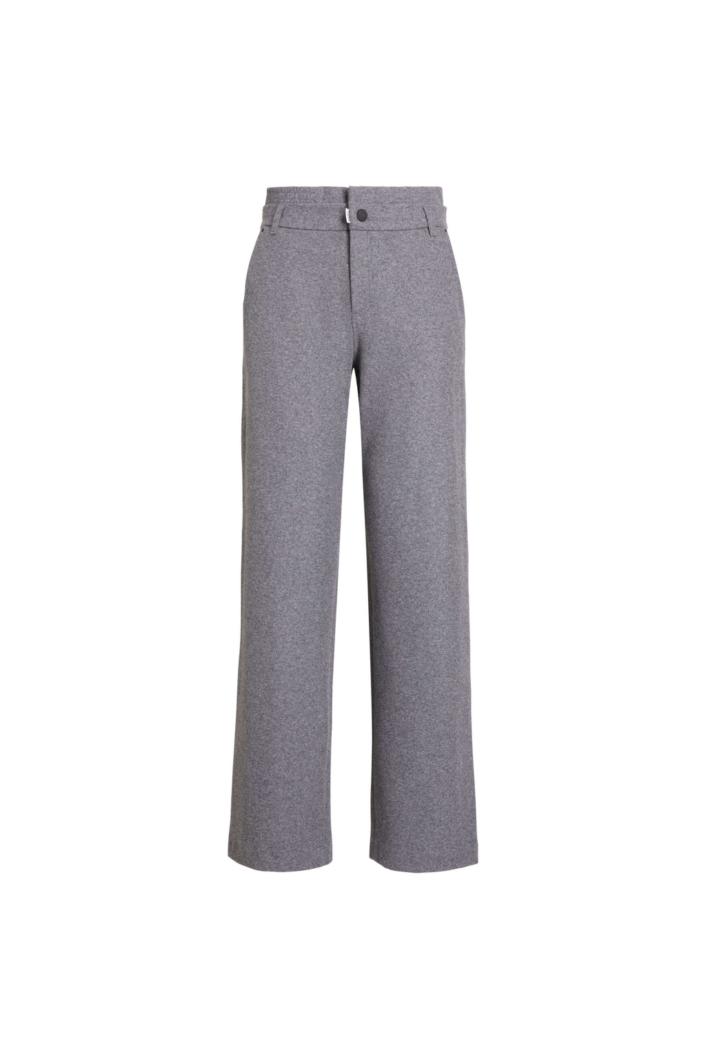 Vorderansicht einer grau melierten Hose mit weitem Bein.