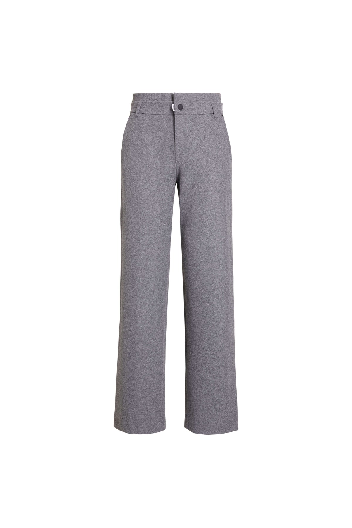 Vorderansicht einer grau melierten Hose mit weitem Bein.