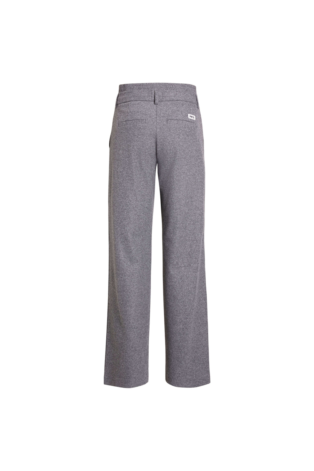 Rückansicht einer grau melierten Hose mit weitem Bein und zwei Paspeltaschen.