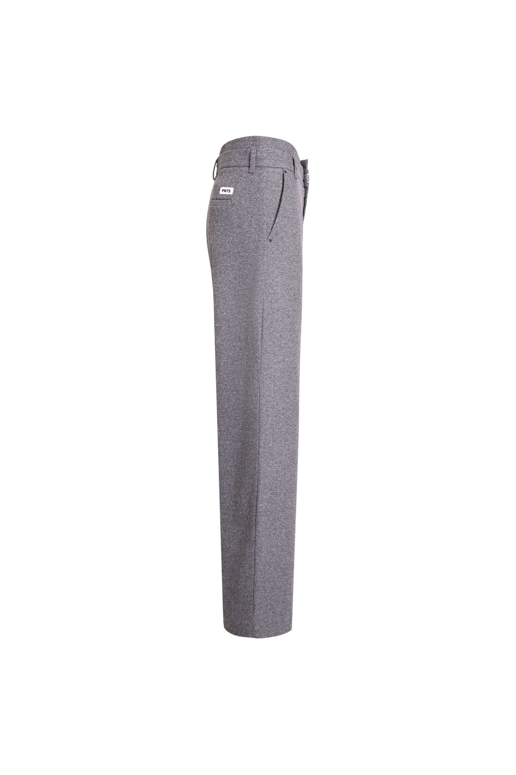 Seitenansicht einer grau melierten Hose mit weitem Bein und seitlicher Eingrifftasche.