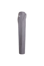 Seitenansicht einer grau melierten Hose mit weitem Bein und seitlicher Eingrifftasche.