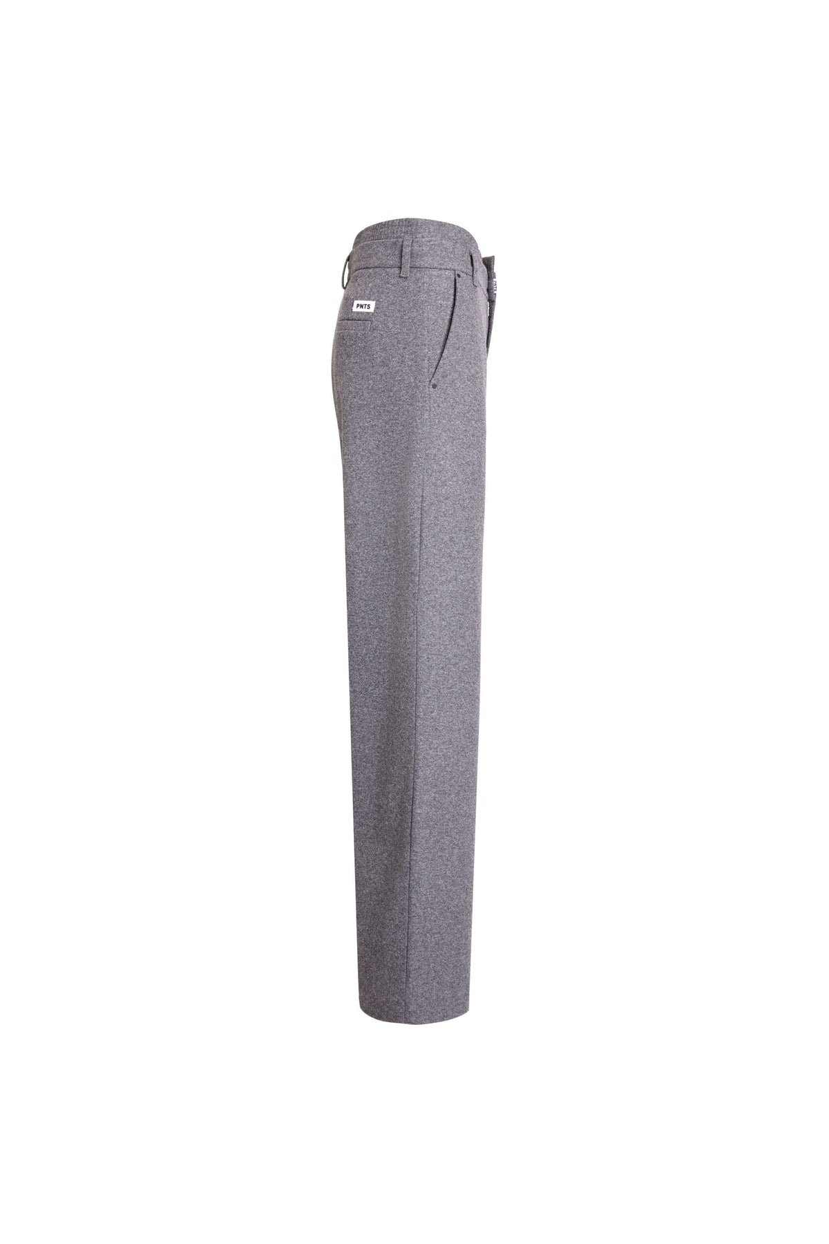Seitenansicht einer grau melierten Hose mit weitem Bein und seitlicher Eingrifftasche.