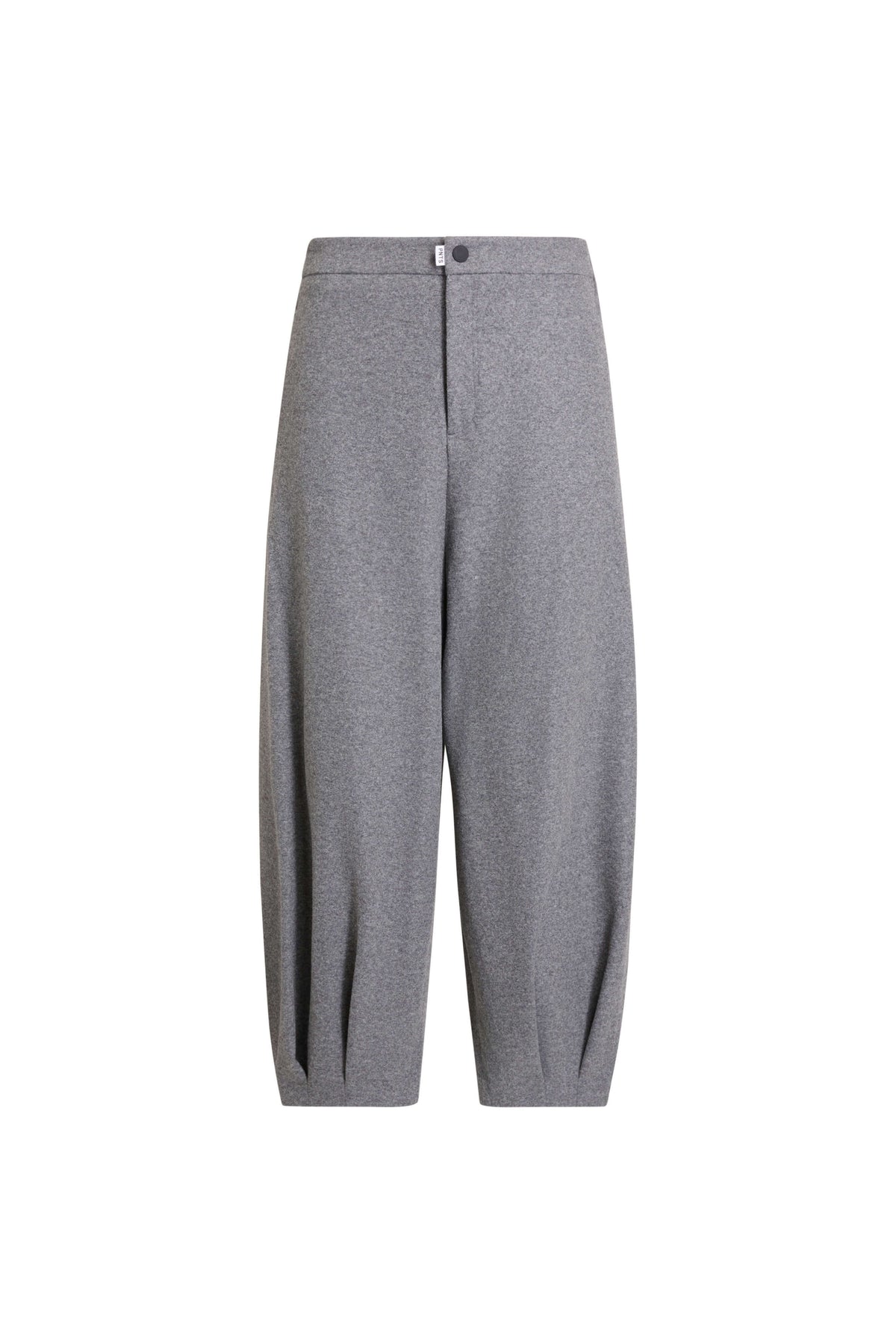 Graue melierte Hose im Balloon-Schnitt mit weitem Bein und Falten am Beinsaum.