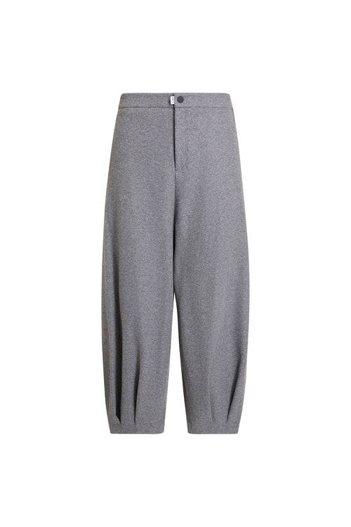 Graue melierte Hose im Balloon-Schnitt mit weitem Bein und Falten am Beinsaum.