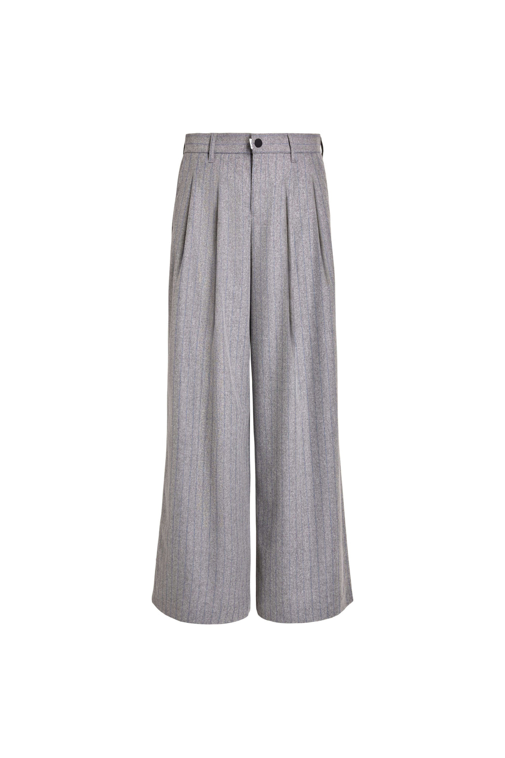 Vorderansicht einer grau melierten Hose mit blauen Nadelstreifen, weitem Bein und Bundfalten.
