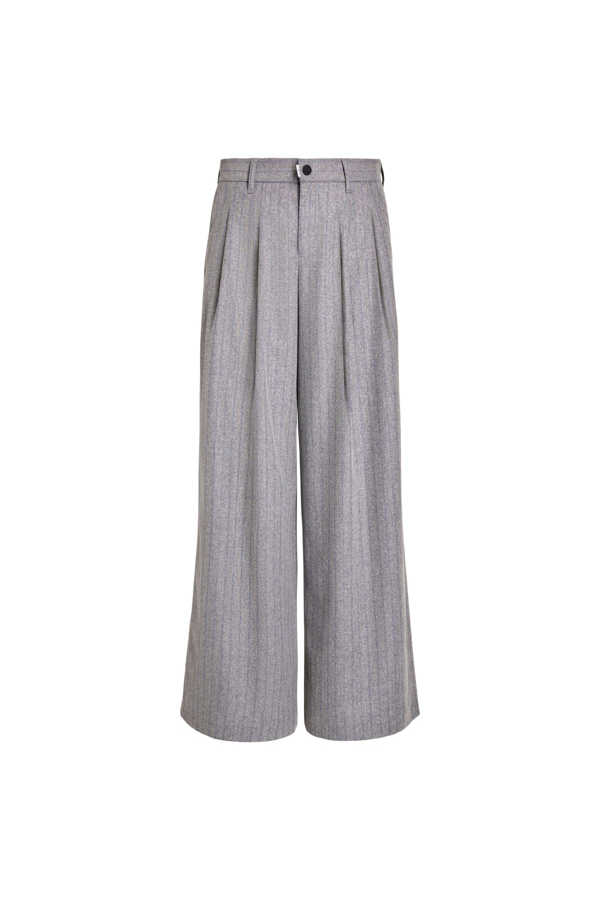 Vorderansicht einer grau melierten Hose mit blauen Nadelstreifen, weitem Bein und Bundfalten.