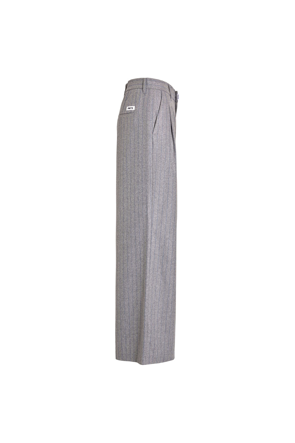Seitenansicht einer grau melierten Hose mit blauen Nadelstreifen, weitem Bein und seitlicher Eingrifftasche.