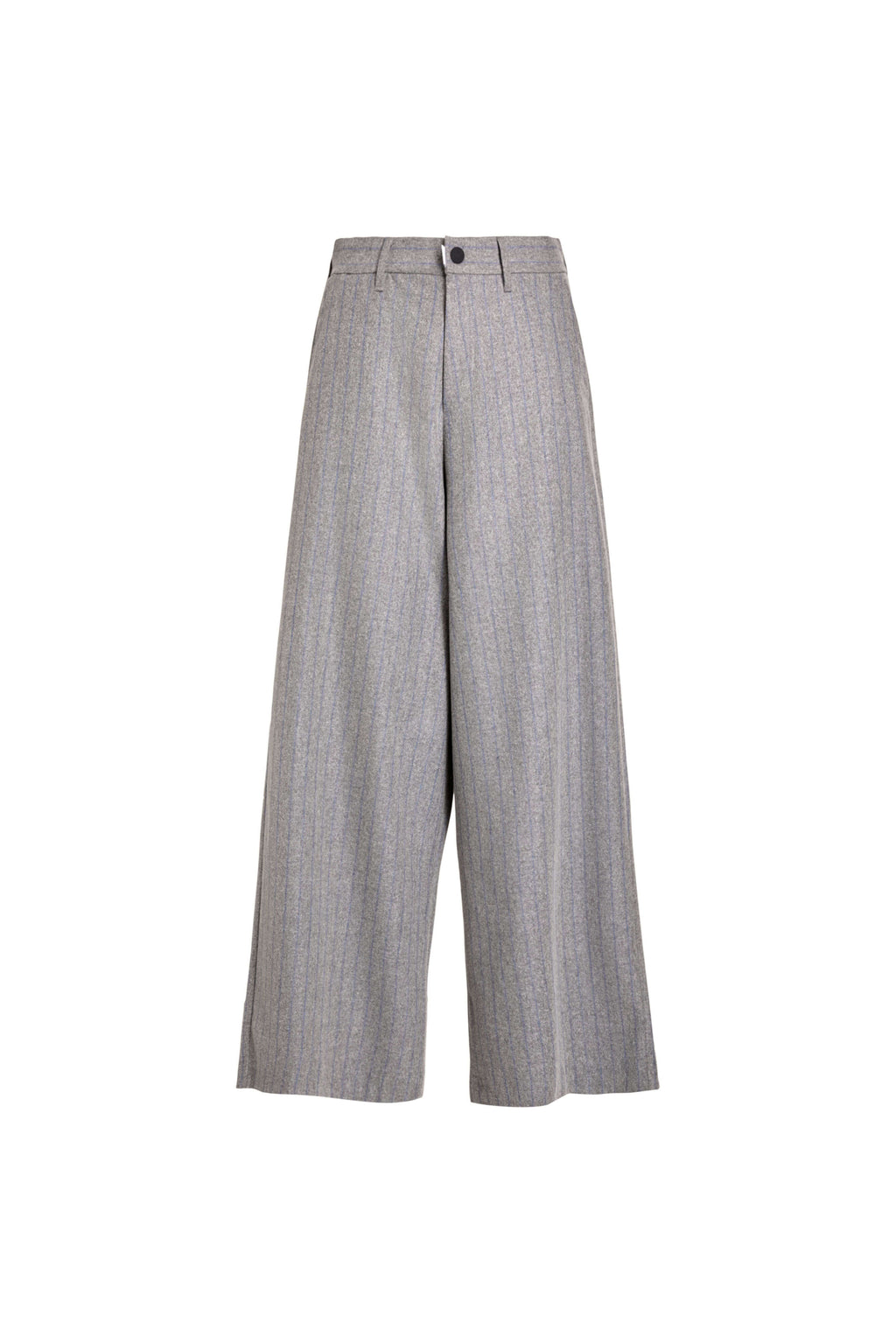 Vorderansicht einer grau melierten Hose mit blauen Nadelstreifen und weitem Bein.