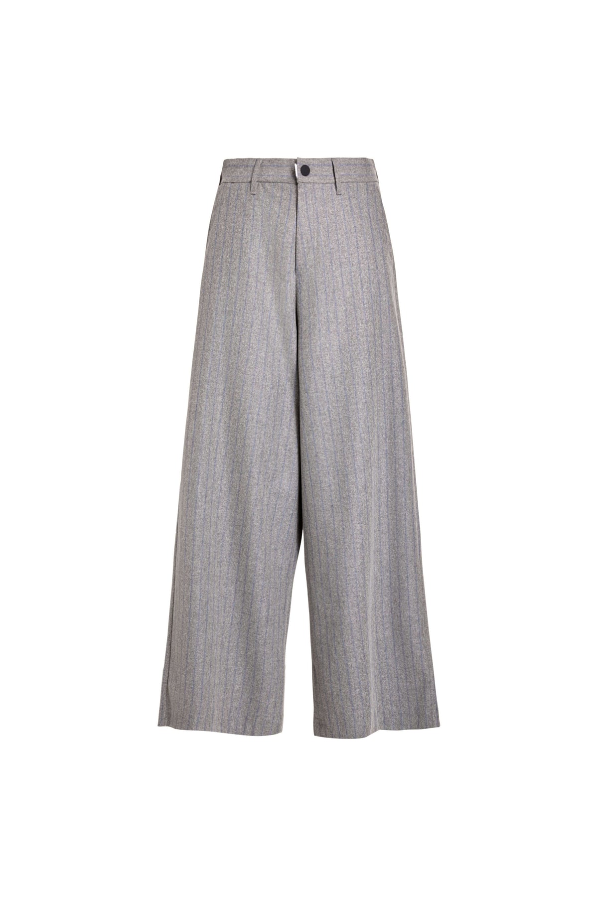Vorderansicht einer grau melierten Hose mit blauen Nadelstreifen und weitem Bein.
