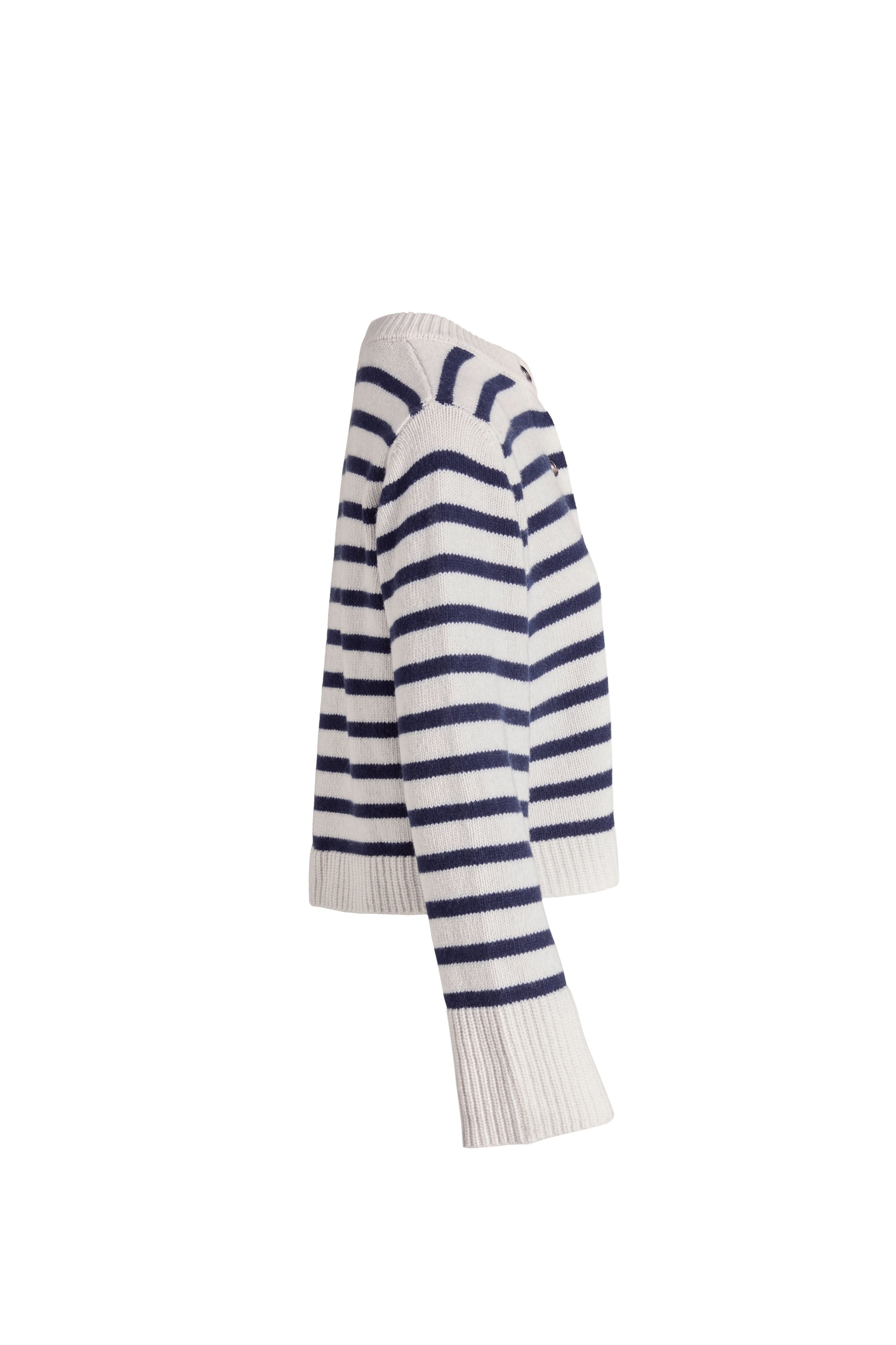 Freisteller Seitenansicht: Lilly Jacket ANNA V BERG x PNTS in weiß mit dunkelblauen Streifen