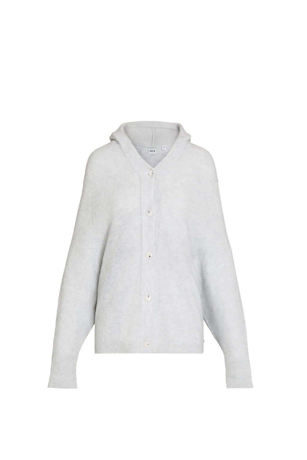 Vorderansicht einer hellgrau melierten Kapuzenstrickjacke mit Knopfleiste.