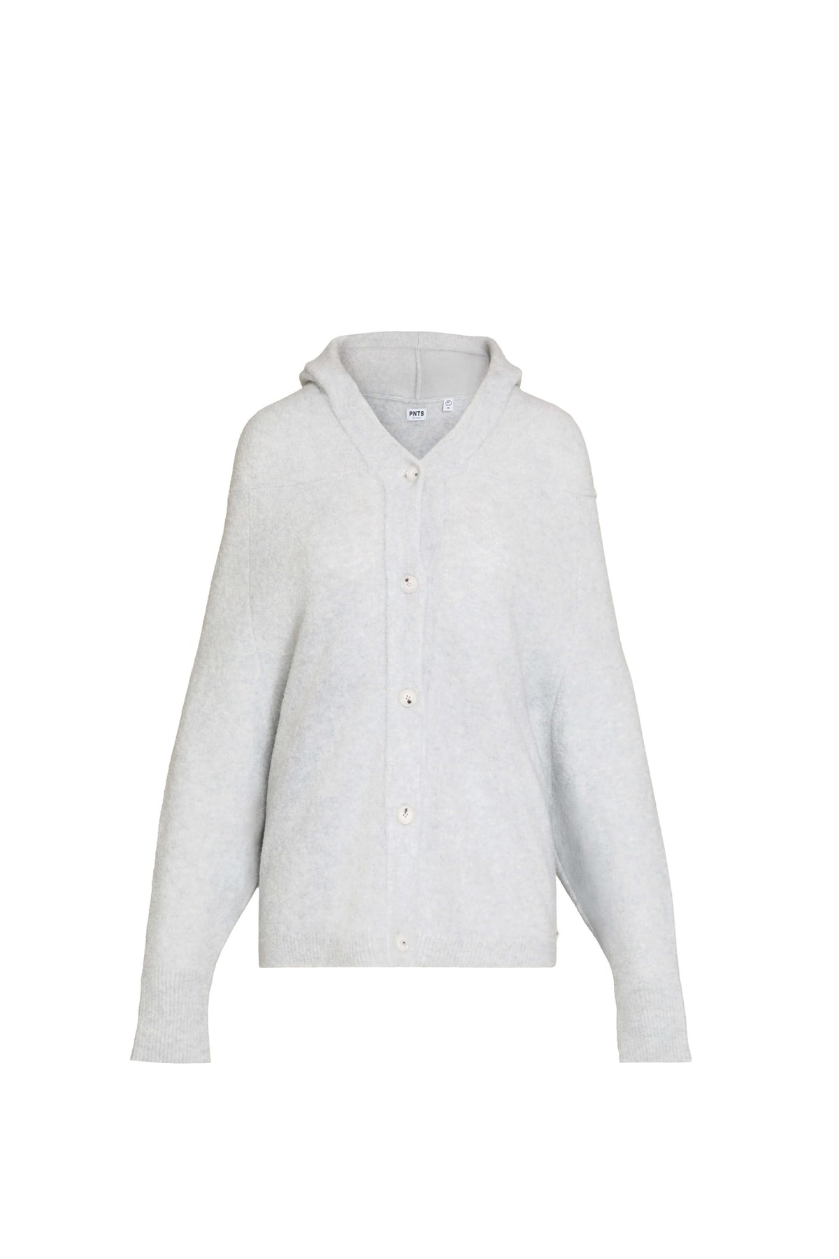 Vorderansicht einer hellgrau melierten Kapuzenstrickjacke mit Knopfleiste.