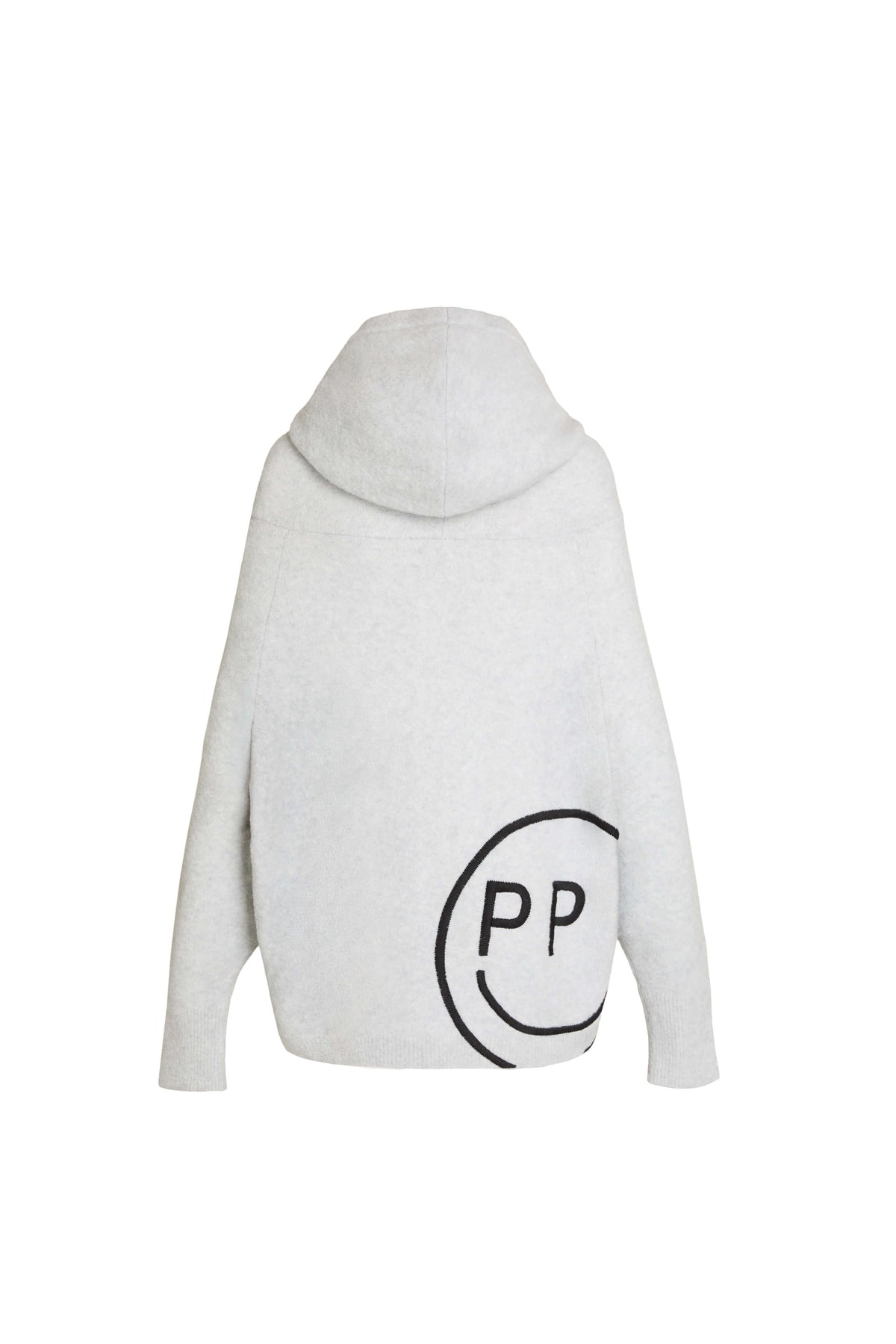 Rückansicht eines hellgrau melierten Kapuzenpullovers mit einem großen Smiley-Print und „PP“-Schriftzug.